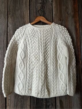 Vintage Wool Thick Cream Chunky Classic Cable Knit Fisherman Women's Sweater, S